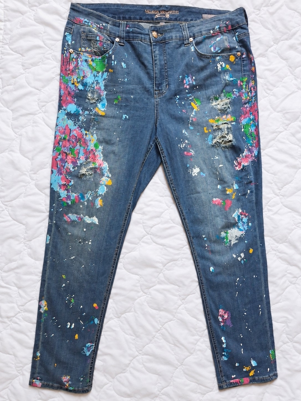 Melissa McCarthy Seven7 Blue Skinny Jeans with Multicolor Paint Splatter
